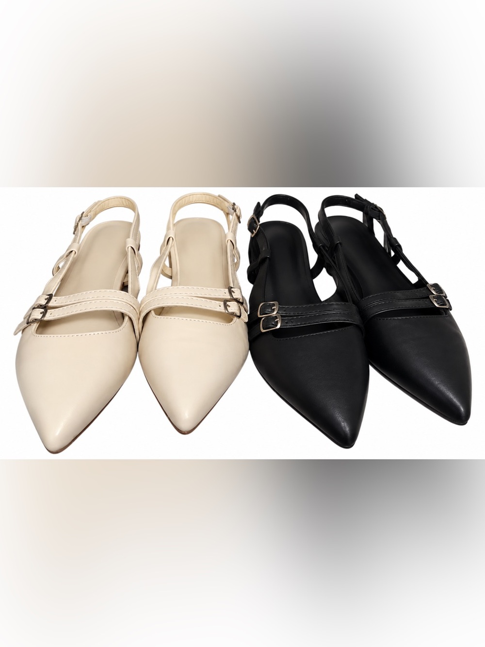 2 Pairs Pointed-Toe Adjustable Slingback Flats | Cream & Black | Size 8